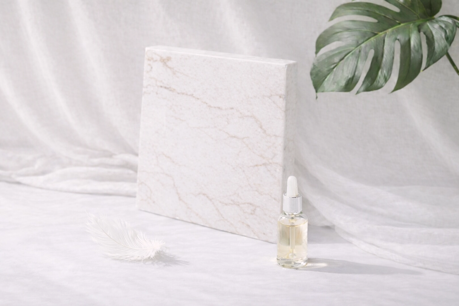Premium minimalist marble, linen, feather, and greenery illustrating the foundation of high-performance architecture wellness for women.
