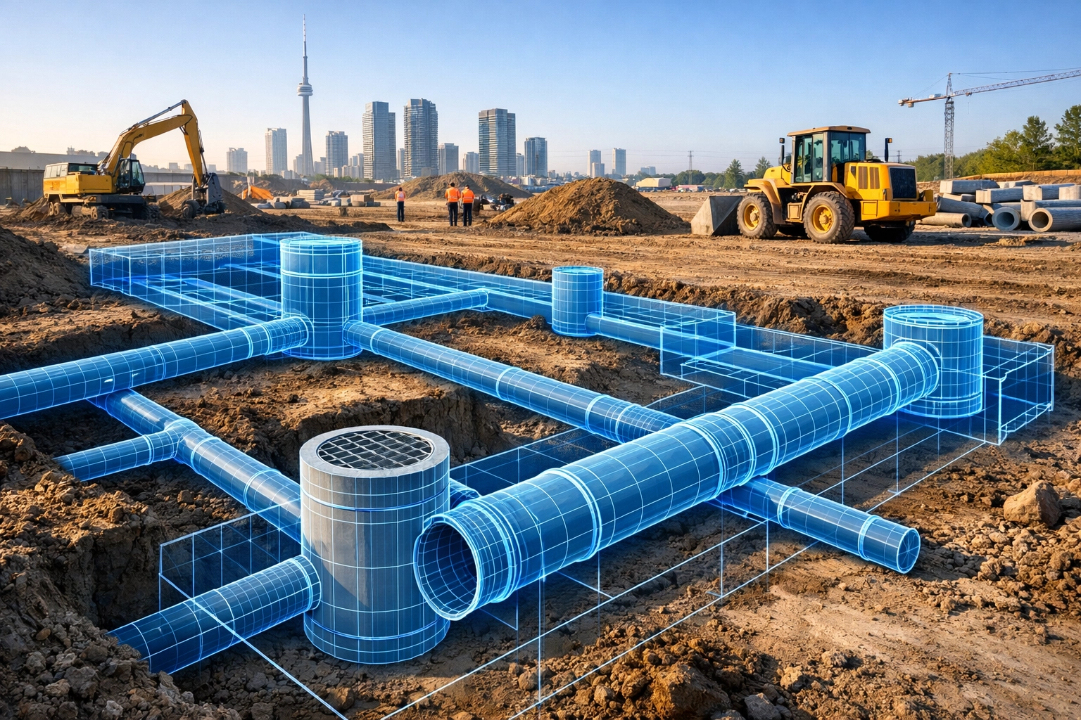 Modern GTA construction site showing a technical overlay of underground drainage and site servicing systems.