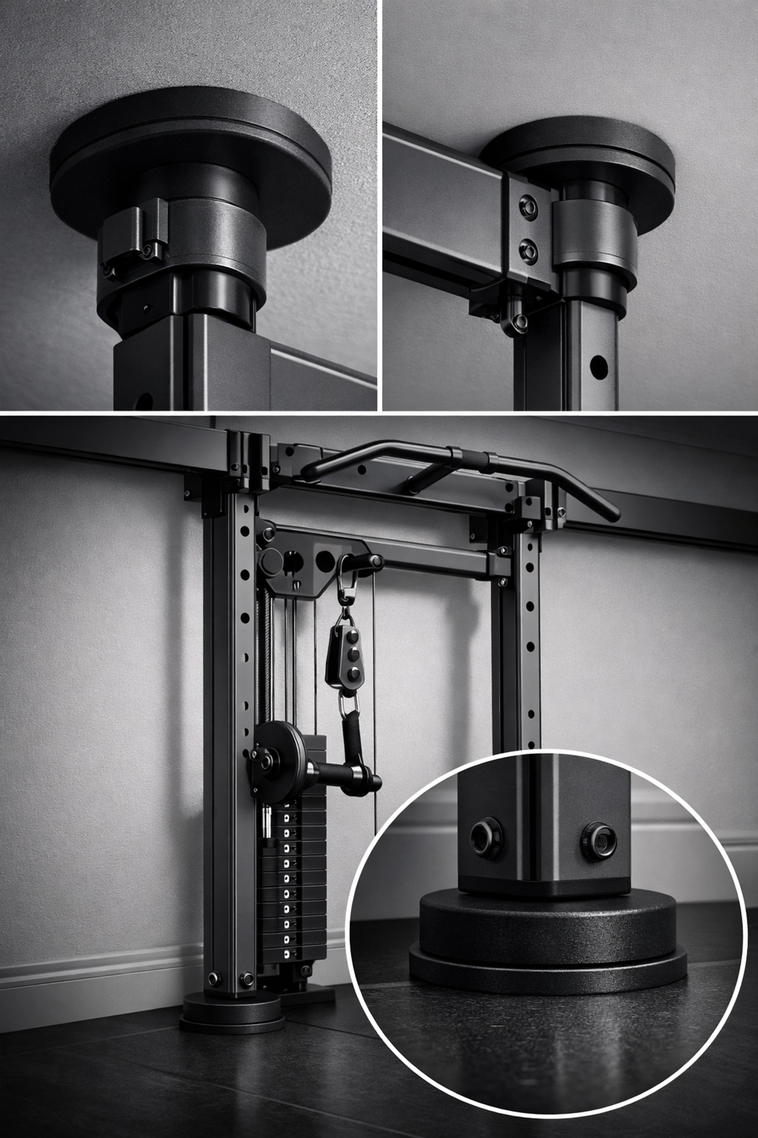 Secure mounting points of a no wall damage workout system for home gym safety.