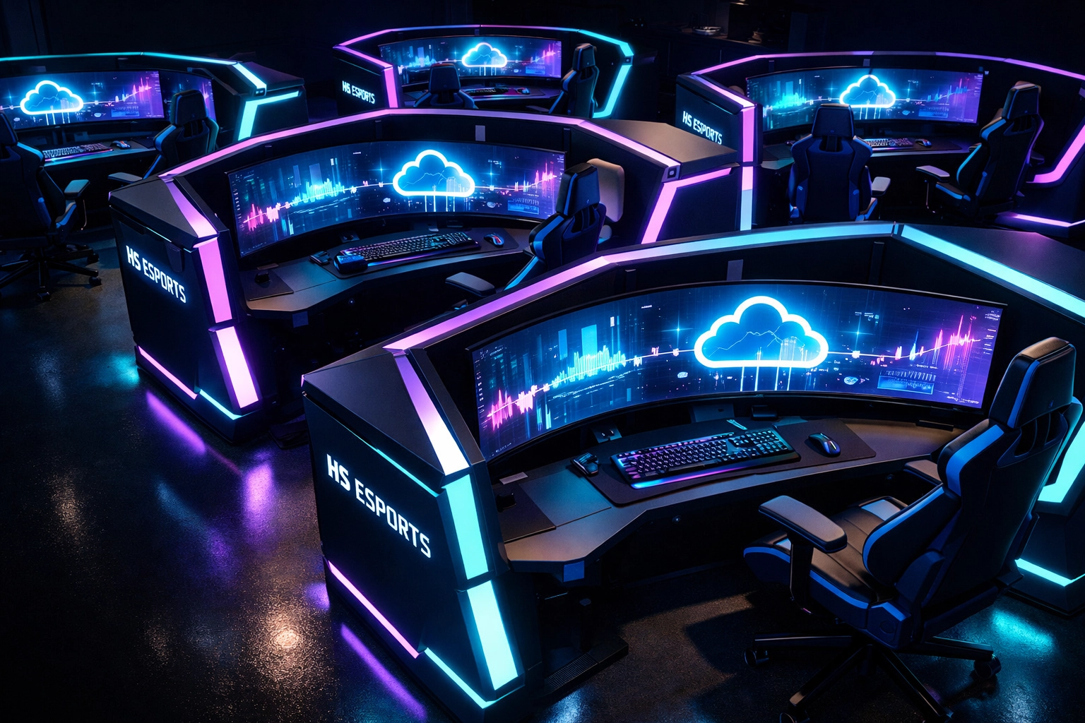High school esports lab with branded gaming pods for educational cloud gaming programs