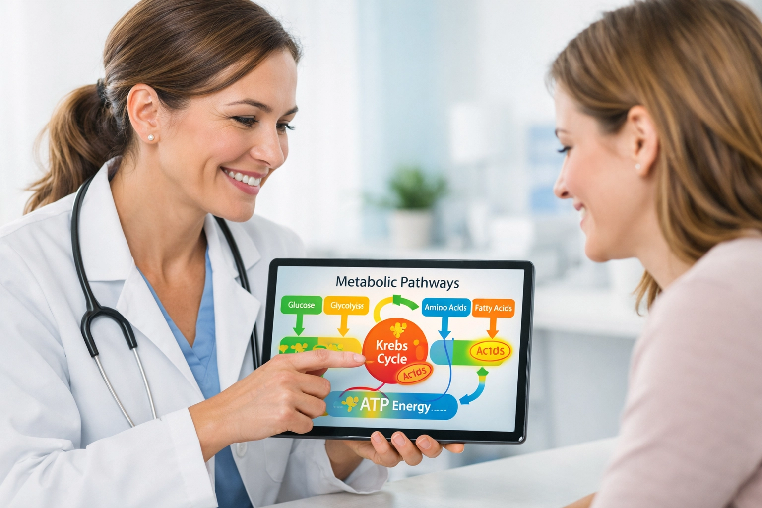 A doctor showing a patient metabolic charts for Wegovy substitute treatments like tirzepatide in a modern office.