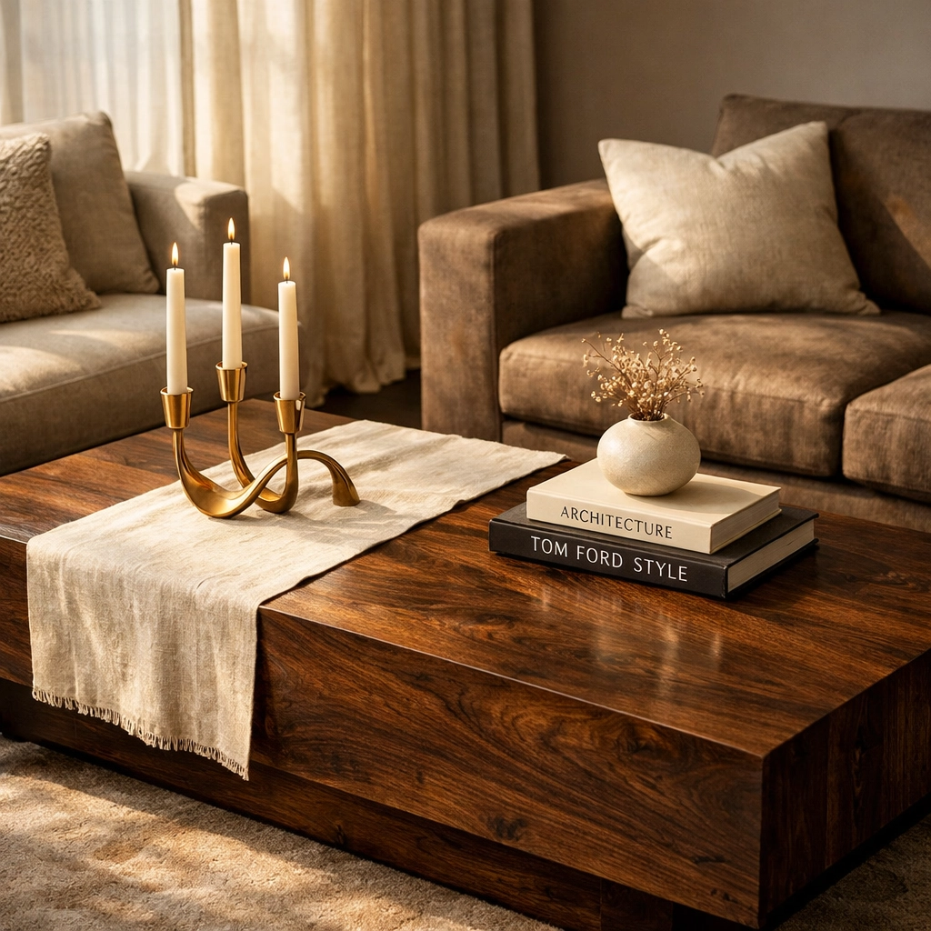 Modern living room with dark walnut coffee table and neutral sofas creating warm luxury interior