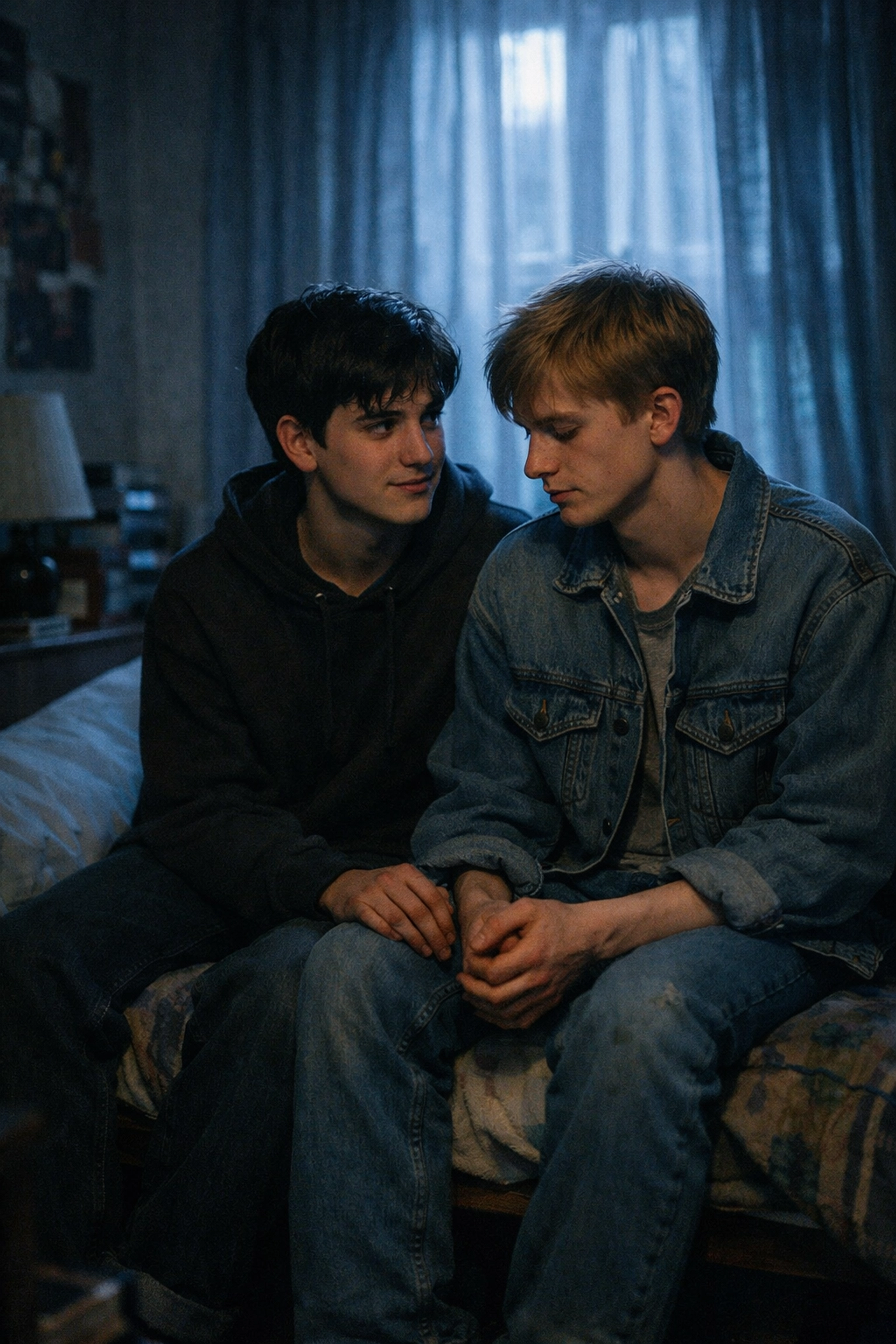 Jamie and Ste share an intimate moment in Beautiful Thing, depicting tender gay teenage romance