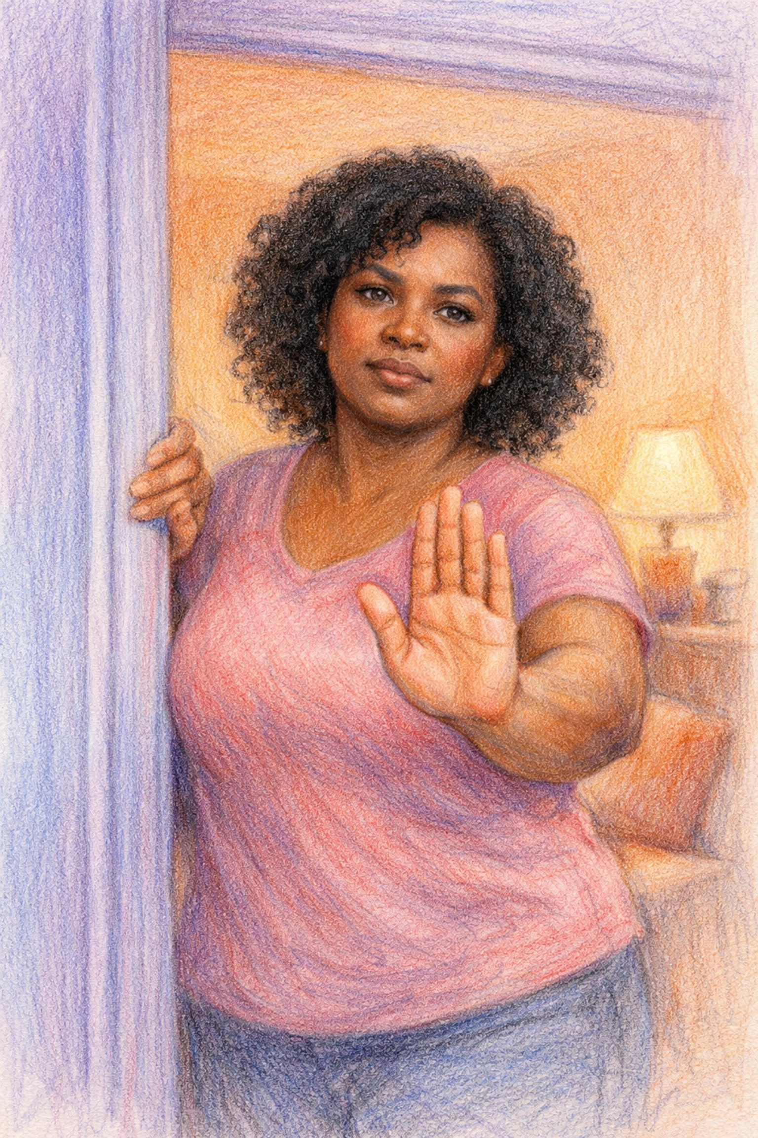Woman setting firm boundary at doorway with calm stop gesture, protecting her space and energy