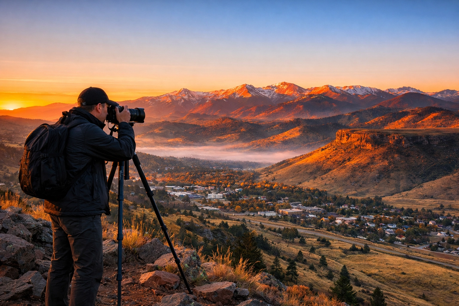 The Ultimate Guide to Finding Photography Work in 2026: Everything You Need to Succeed 2 Professional photographer using essential gear to capture a sunrise landscape in Golden, Colorado.