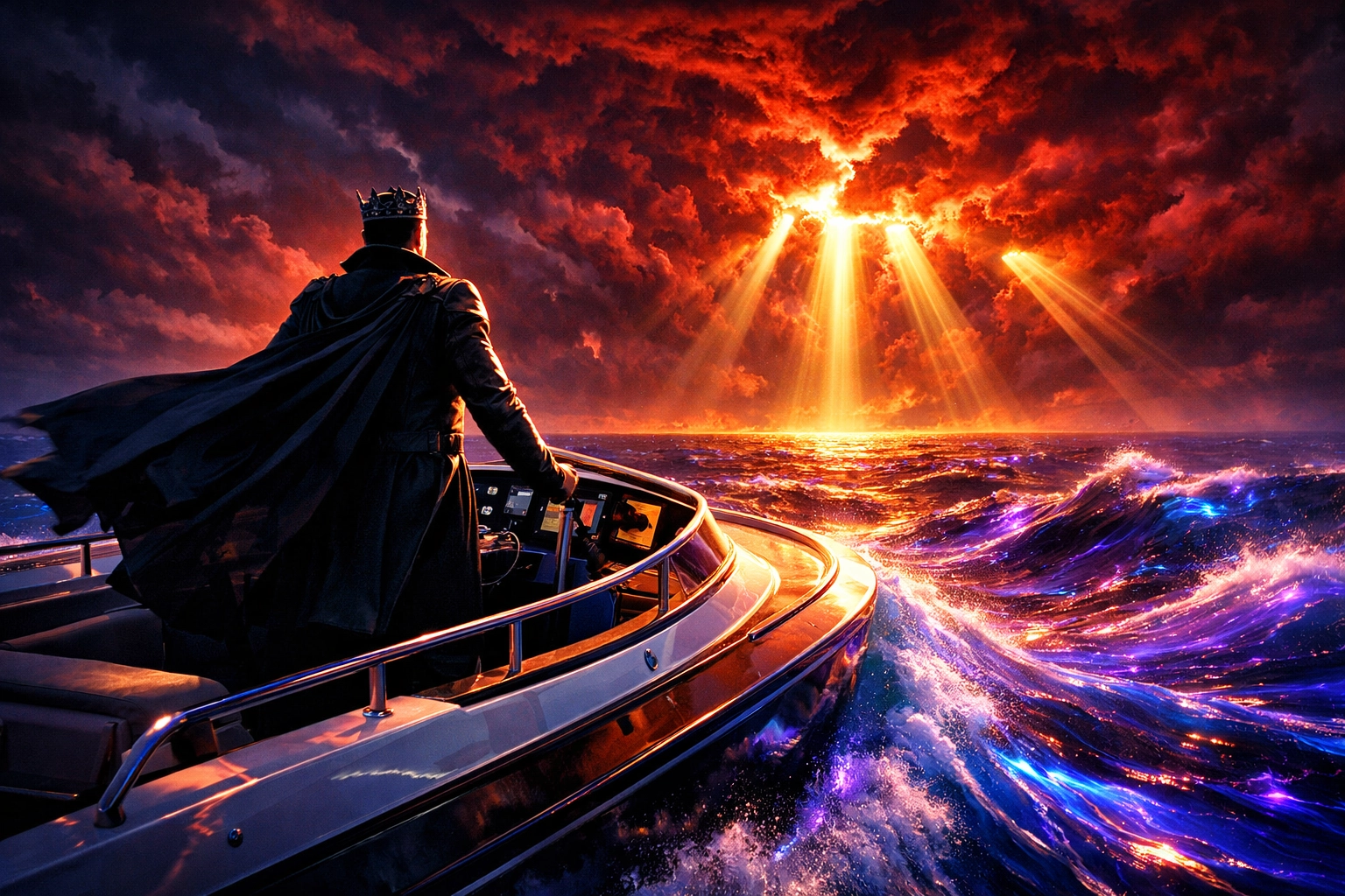 A sovereign leader navigating a ship through a symbolic ocean to achieve private sovereignty and freedom.