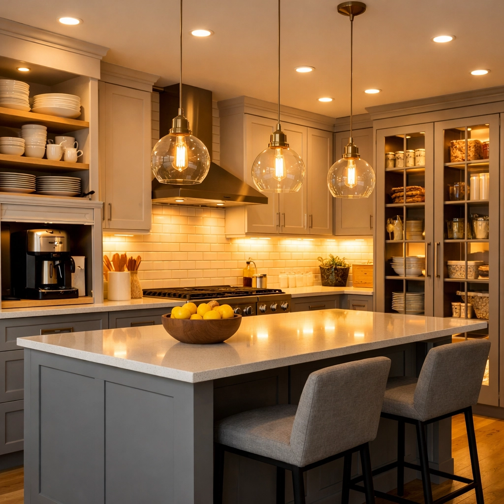 Modern kitchen with layered lighting and organized storage solutions in Berks County