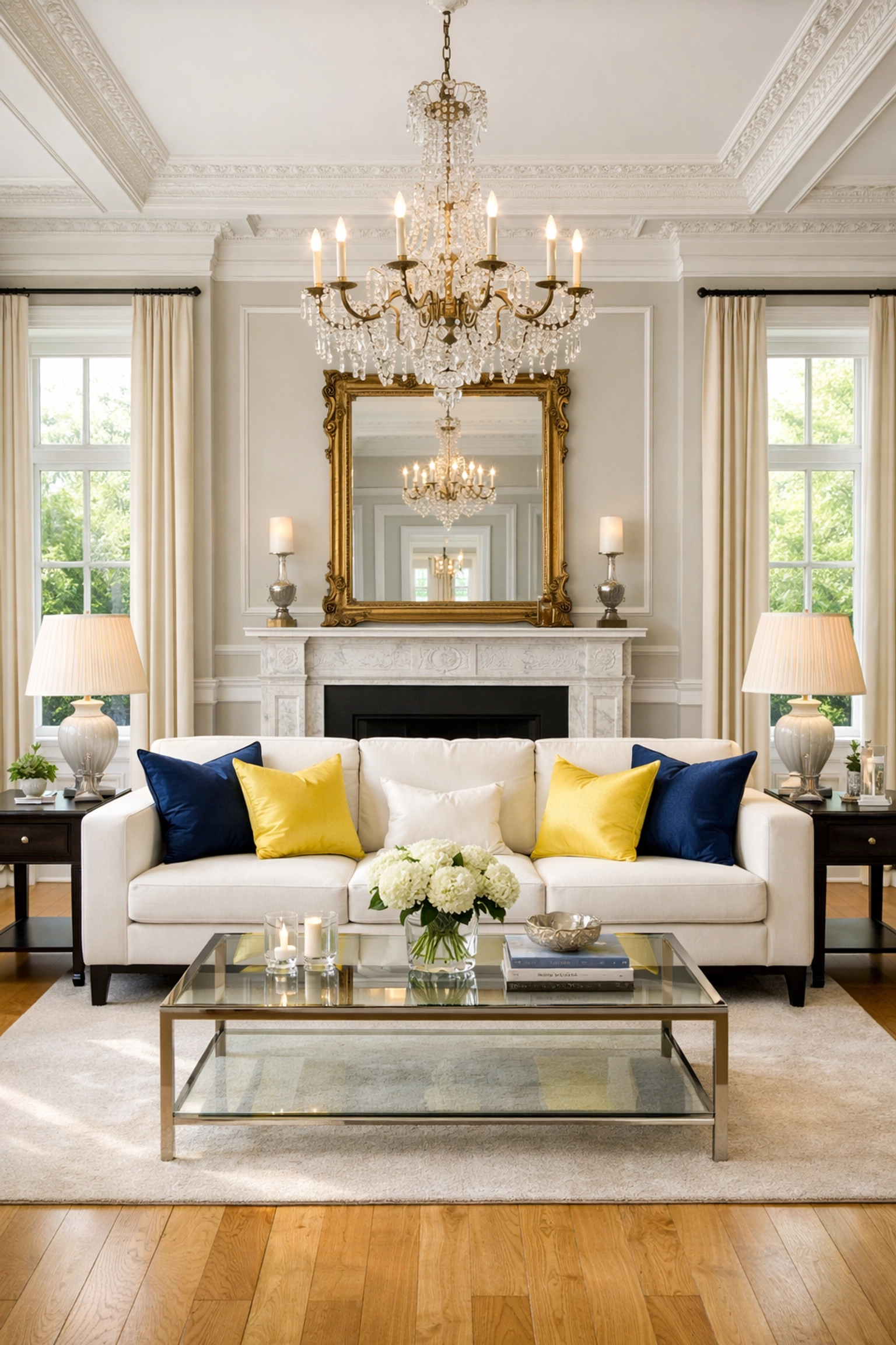 Sunlit West Cambridge living room after a deep house cleaning, showcasing pristine historic crown molding and floors.