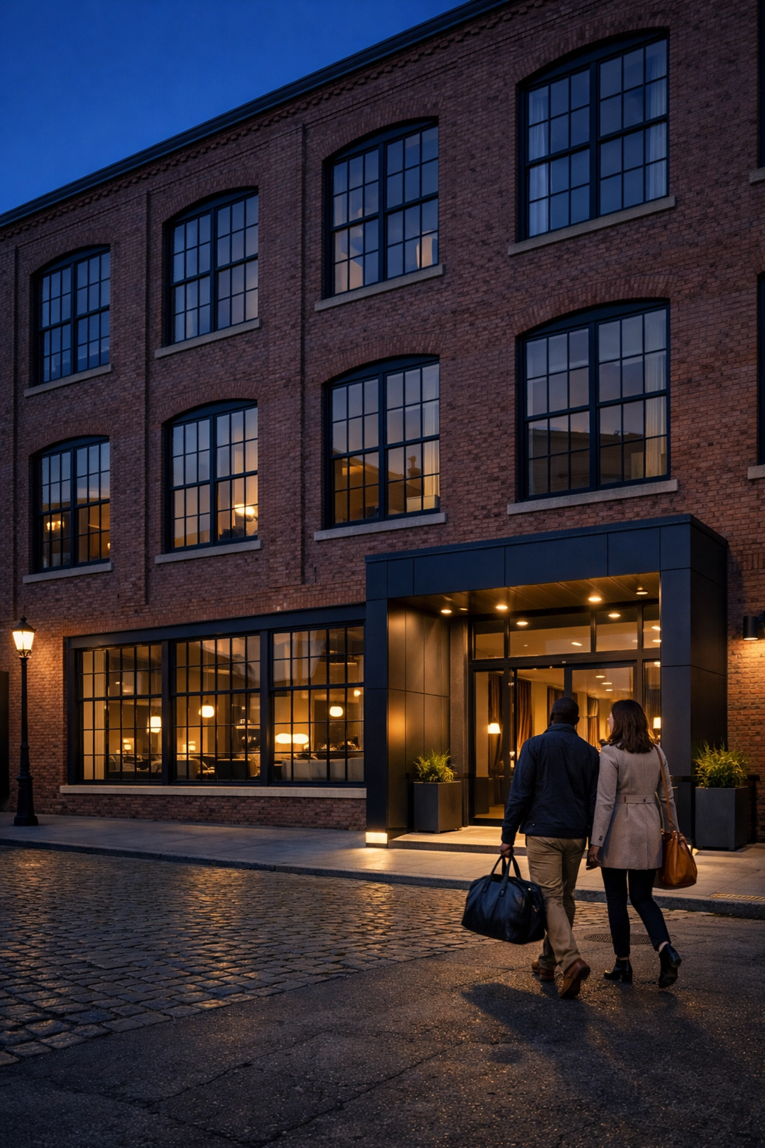 Exterior view of a modern boutique hotel converted from a historic warehouse, part of IHG Noted Collection.