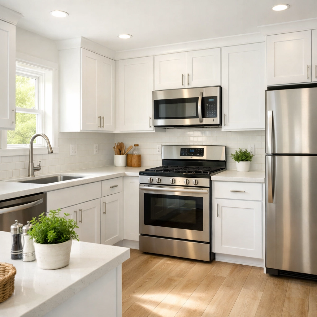 Updated modern kitchen in Middletown rental property with white cabinets and stainless appliances