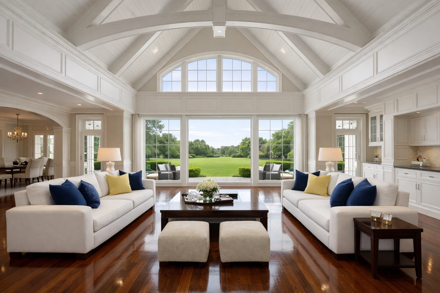 Grand living area with polished floors showcasing luxury residential cleaning Massachusetts standards.