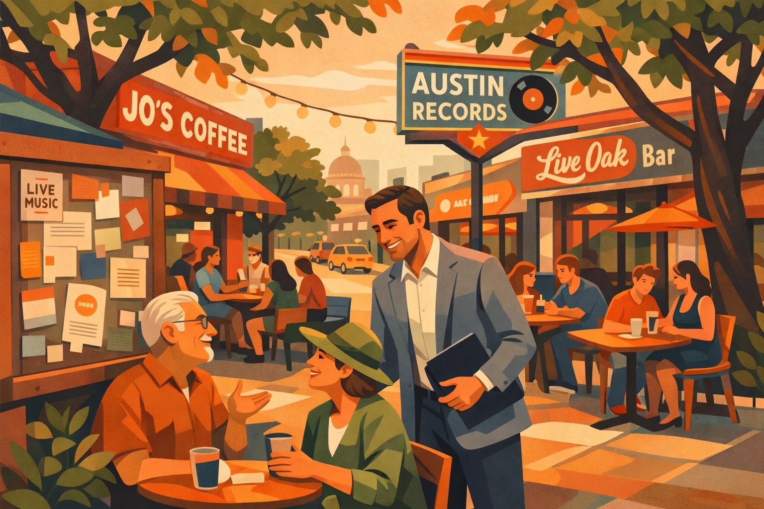 Austin neighborhood street scene with local business owner connecting with community members