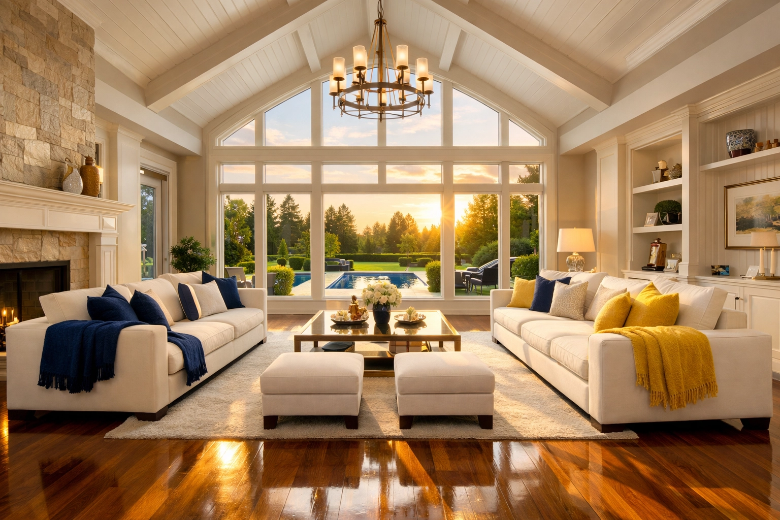 Immaculate sun-lit luxury great room following a professional luxury house cleaning in Boxford service.