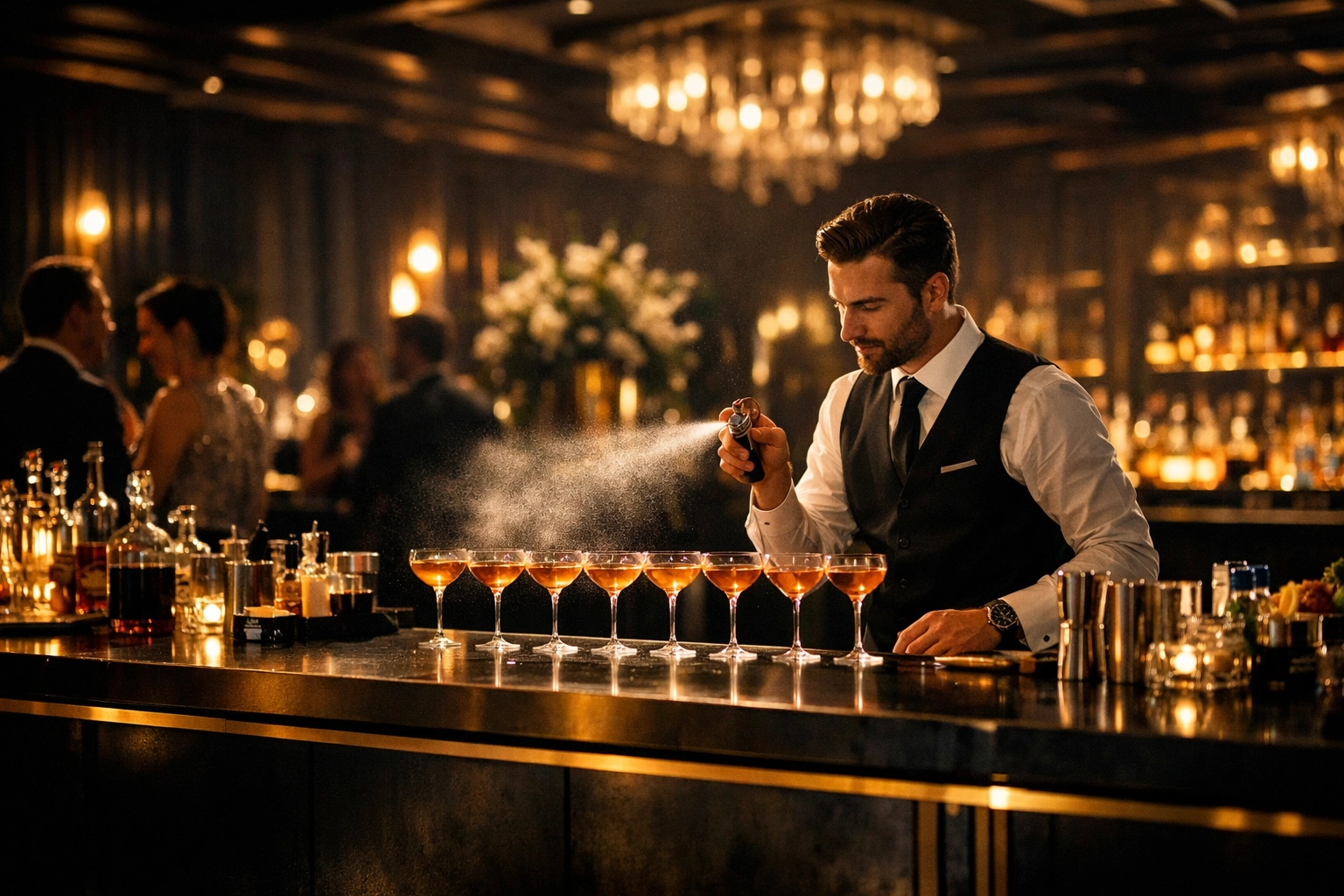 Professional bartender crafting luxury zero-proof drinks at a sophisticated ballroom gala bar.