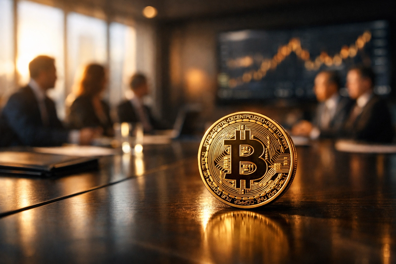 Bitcoin coin in institutional boardroom representing digital asset integration in portfolios