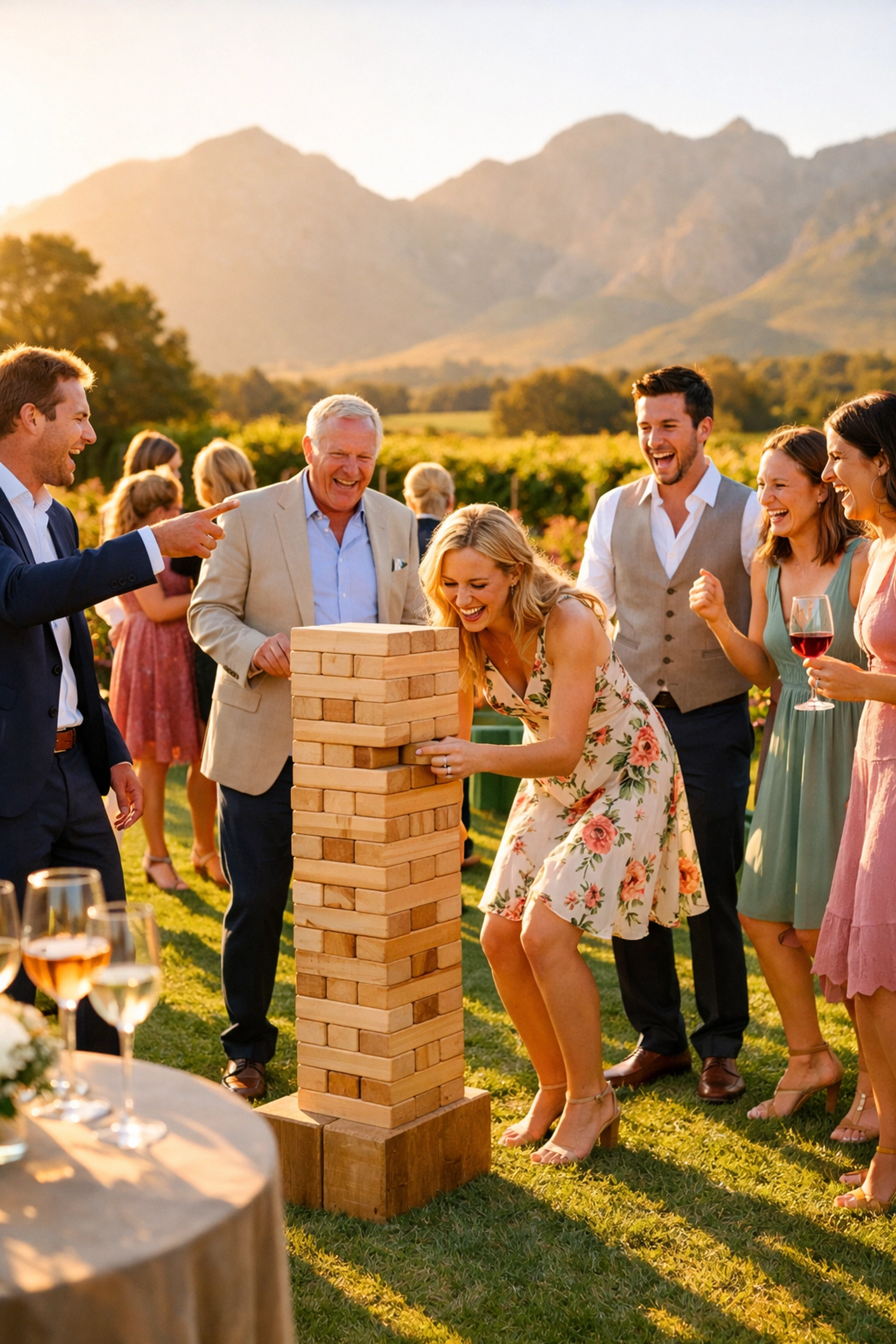 Wedding guests playing giant Jenga on a Winelands estate lawn with mountain views