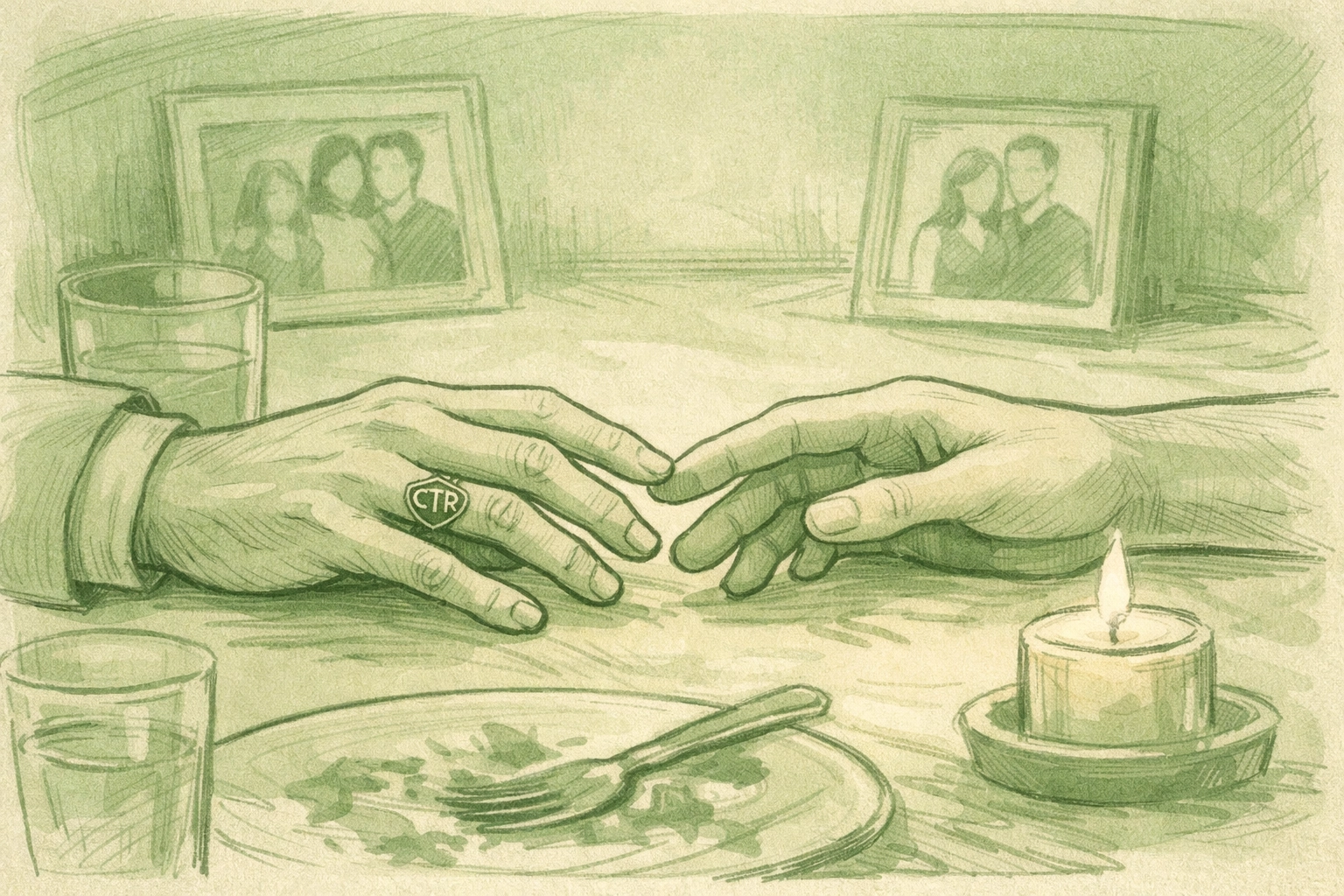 Gay couple's hands nearly touching at family dinner table, one wearing Mormon CTR ring