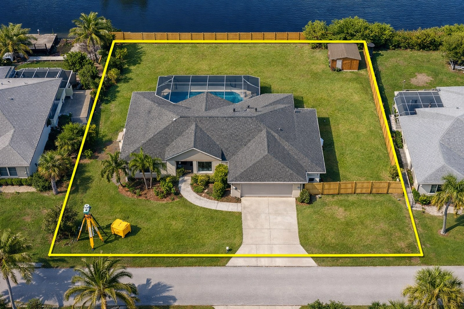 Aerial view of Florida property showing boundary survey lines and property measurements