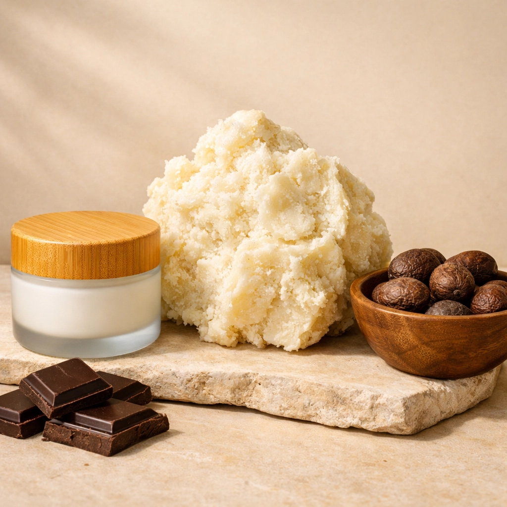 Premium unrefined African shea butter from Nigeria displayed with raw shea nuts and finished cosmetic products.