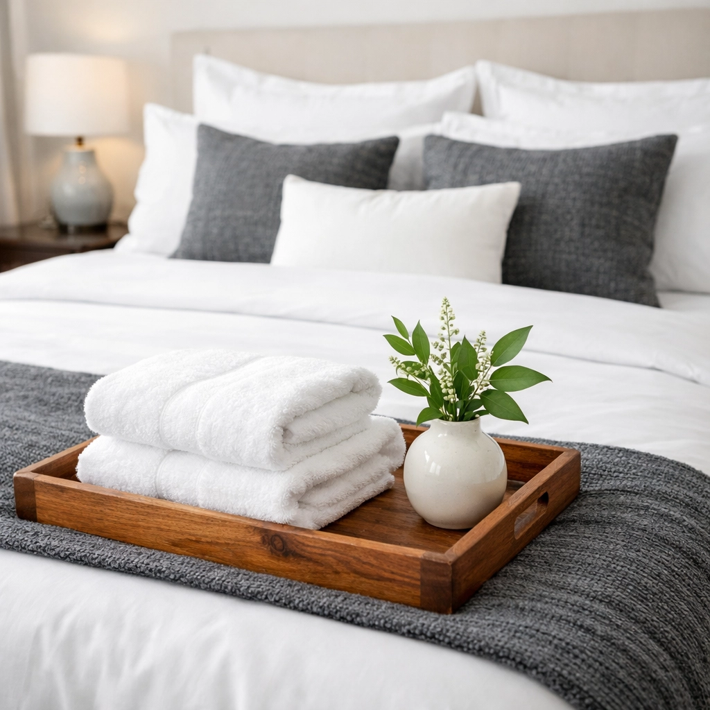Meticulously styled luxury bed with crisp white linens highlighting professional airbnb management standards.