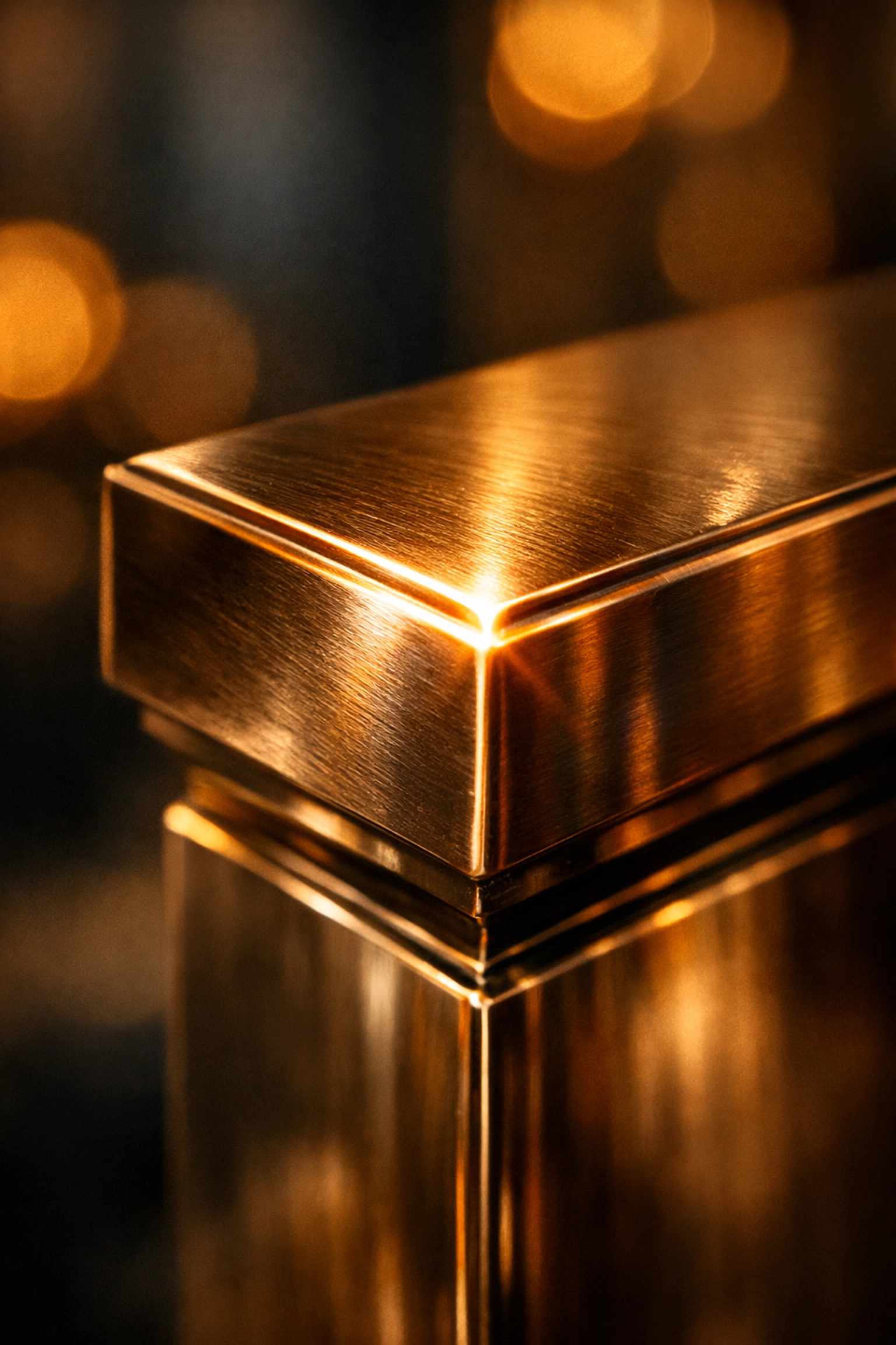 Detailed view of a polished bronze architectural pillar in a high-end luxury building lobby.