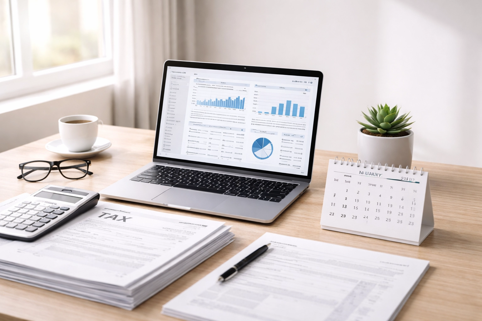 Modern tax office desk with laptop, tax documents, and January 2026 calendar for software compliance updates