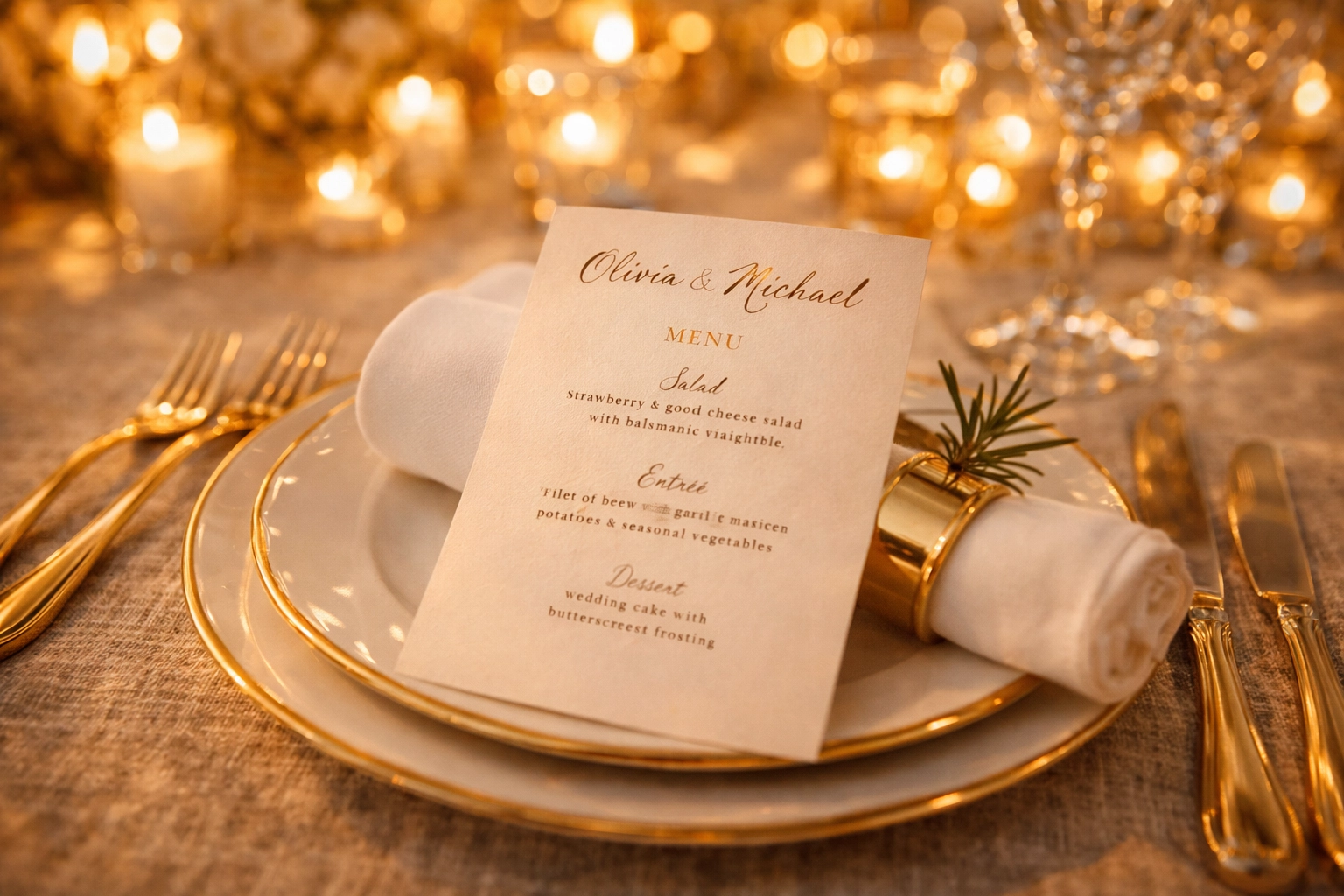 All-Inclusive Wedding Packages with candlelight and personalized menu card.