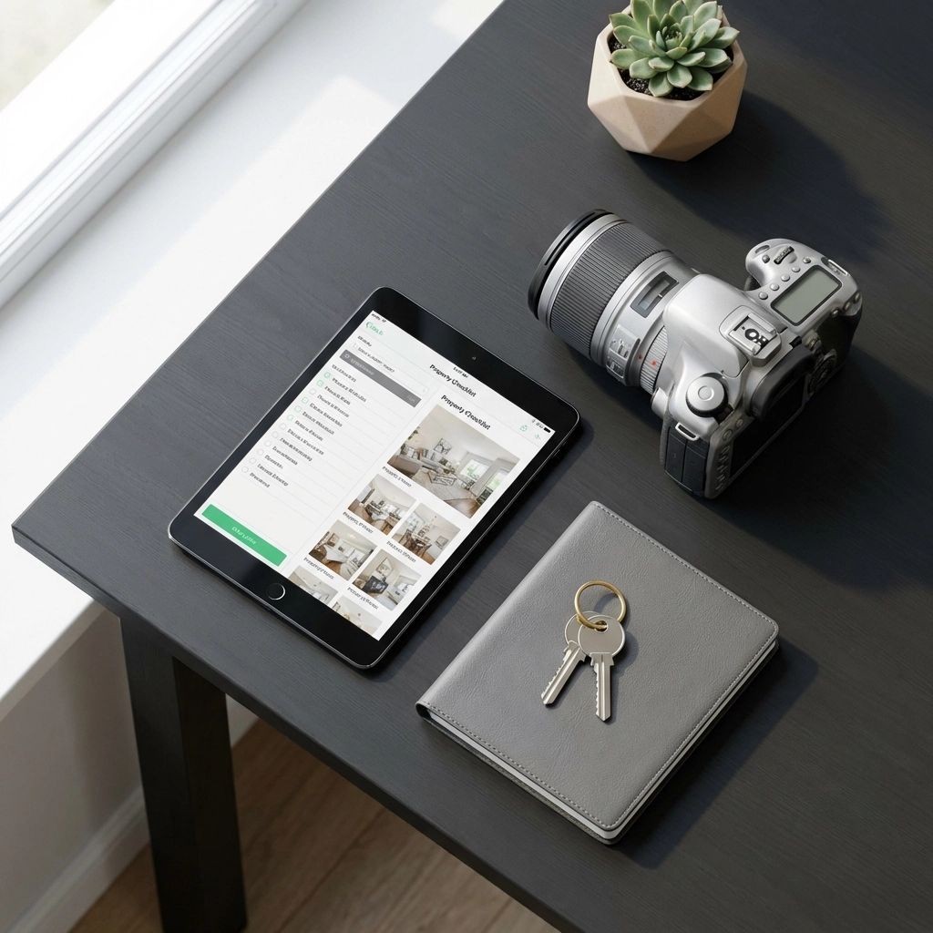 Organised inventory documentation tools including keys, camera, and tablet on a professional desk setting.