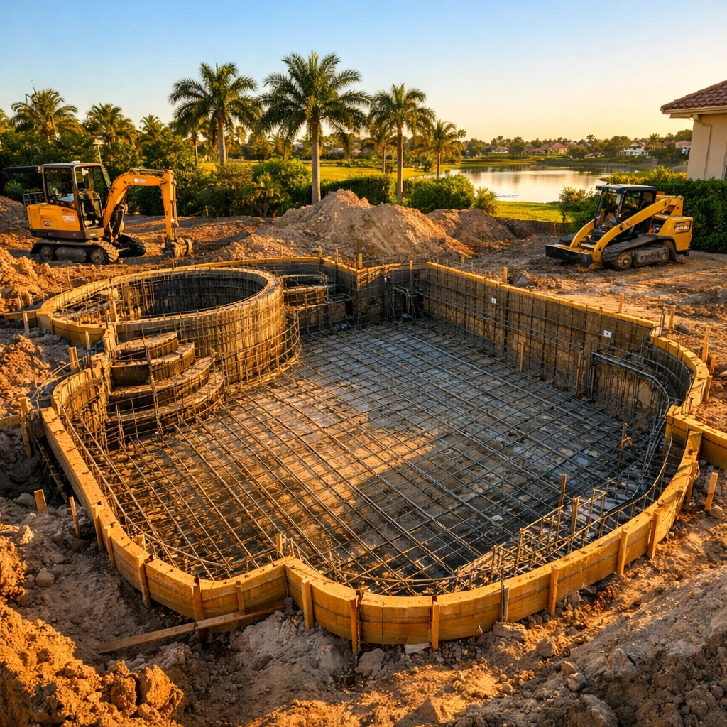 Pool construction with steel rebar reinforcement in Southwest Florida backyard