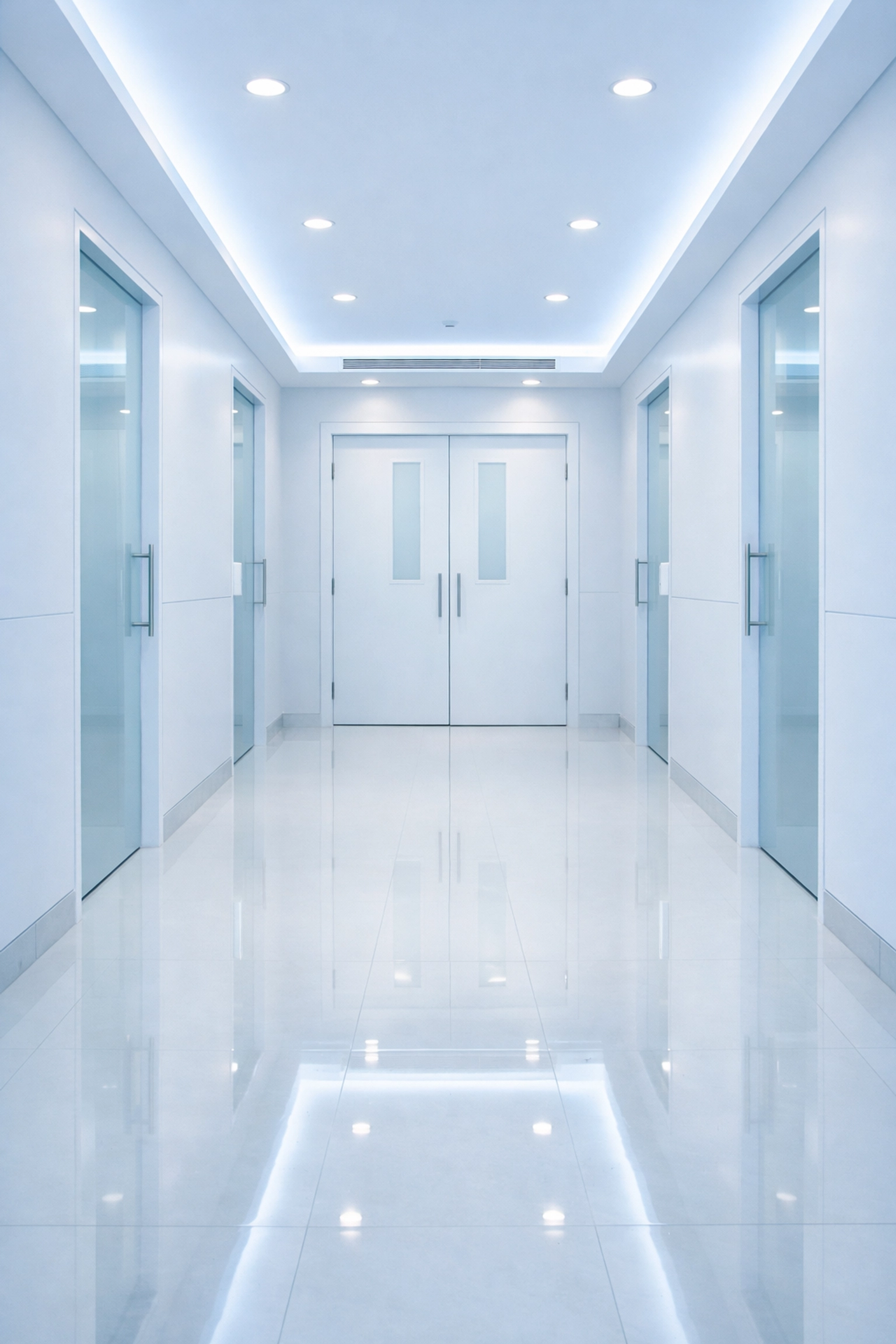 A sterile medical clinic hallway maintained by professional healthcare cleaning services to ensure high indoor air quality.