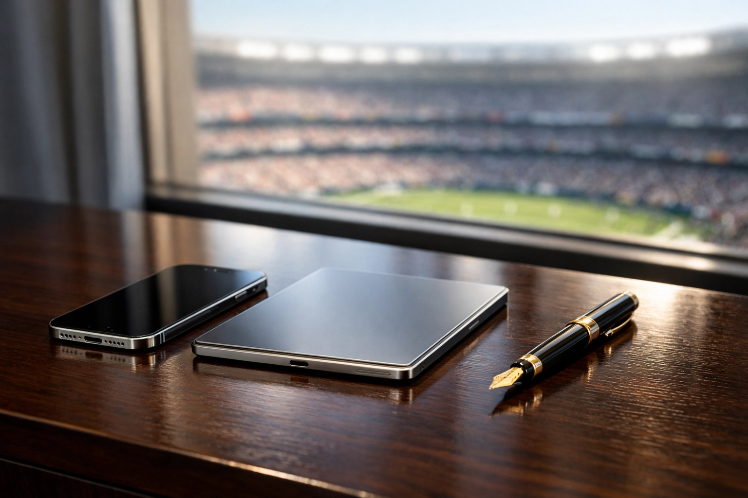 Modern digital devices on an executive suite table for real-time Super Bowl client engagement.
