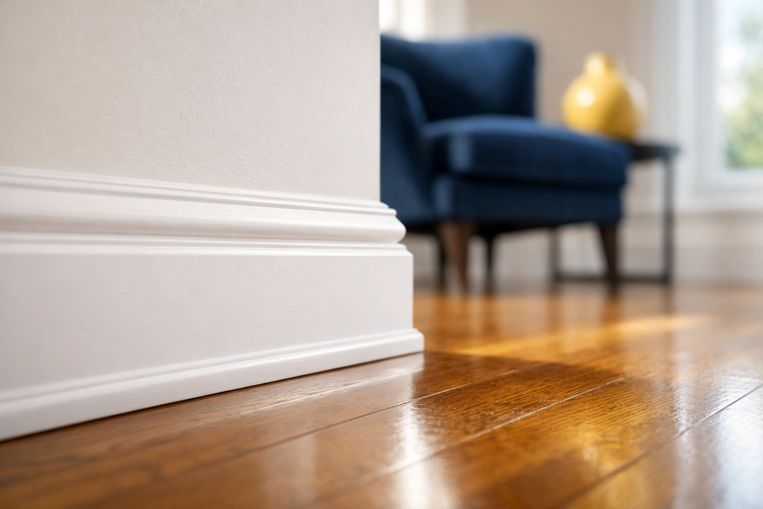 Detailed shot of clean baseboards and hardwood floors, essential for professional Boston apartment cleaning.