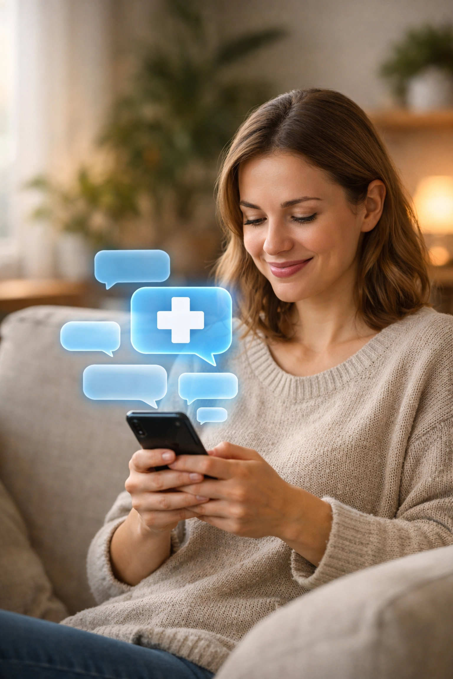 Woman using a smartphone for a secure text-based consultation to get a UTI prescription online.