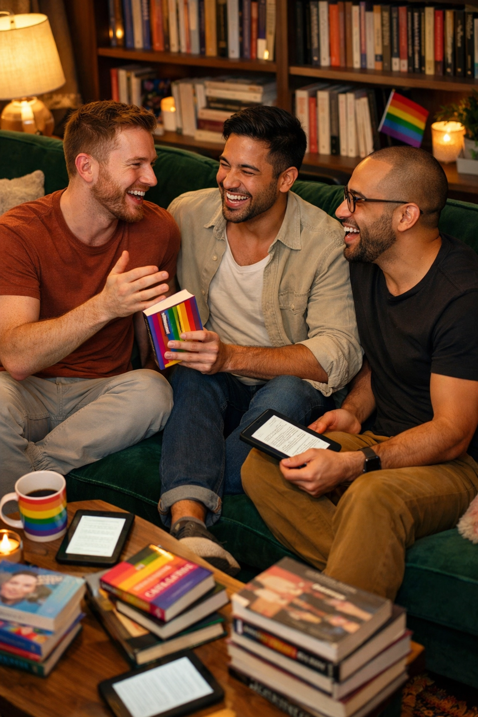 Gay men discussing MM romance books and LGBTQ+ fiction together at an intimate book club meeting.