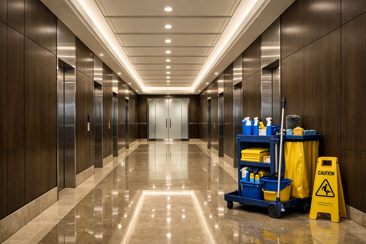Perfectly polished corporate hallway representing reliable janitorial services in Wayland.