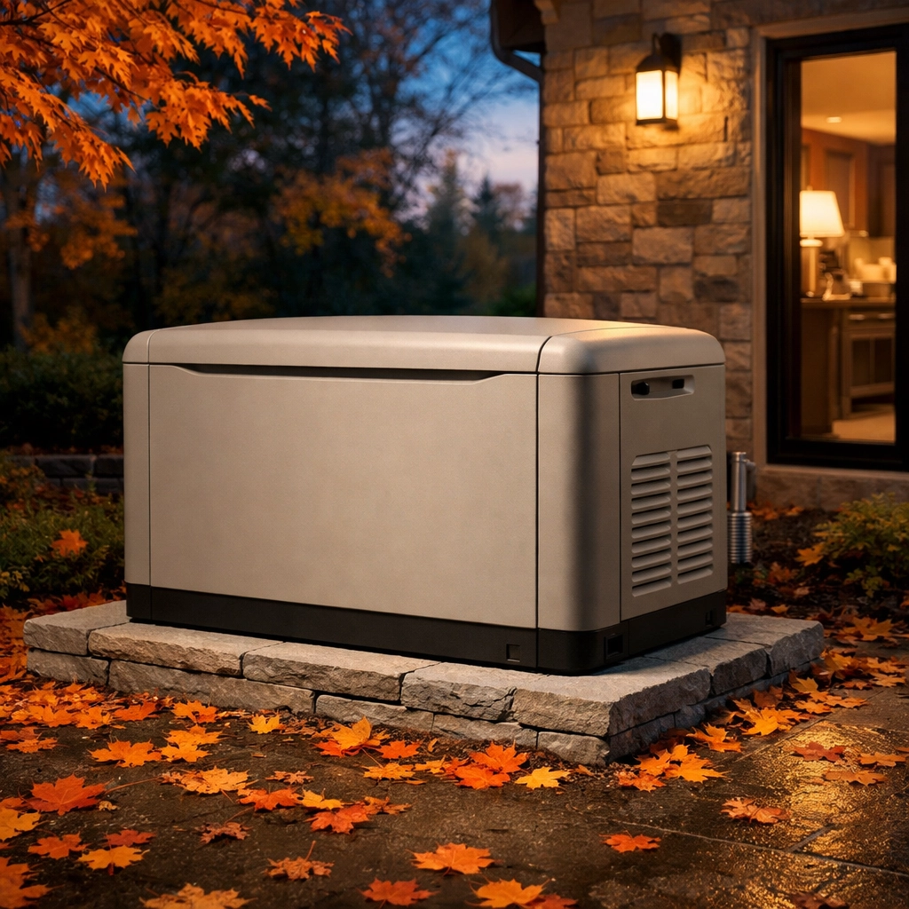 Professional installation of a Generac standby generator on a stone pad beside an Ottawa residence.