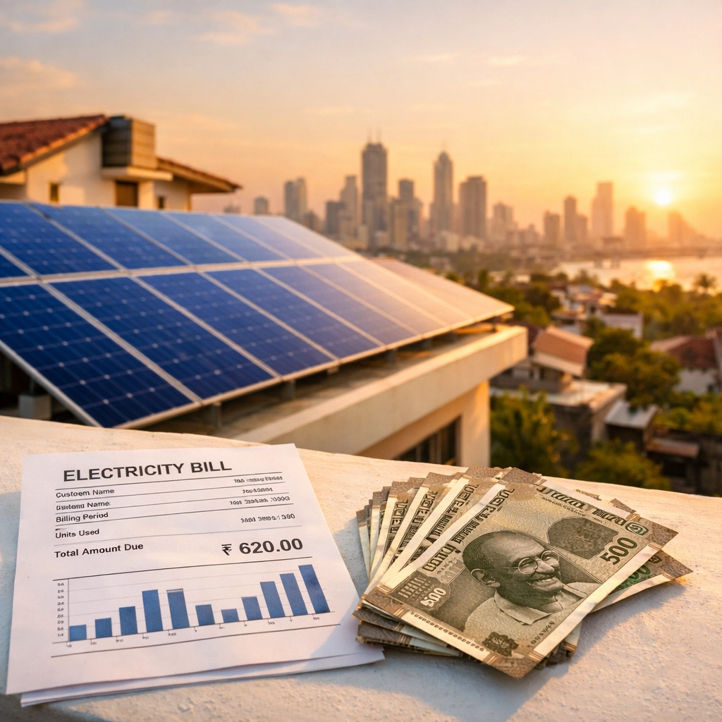 Rooftop solar panels in Mumbai with electricity bill and rupee notes showing subsidy savings