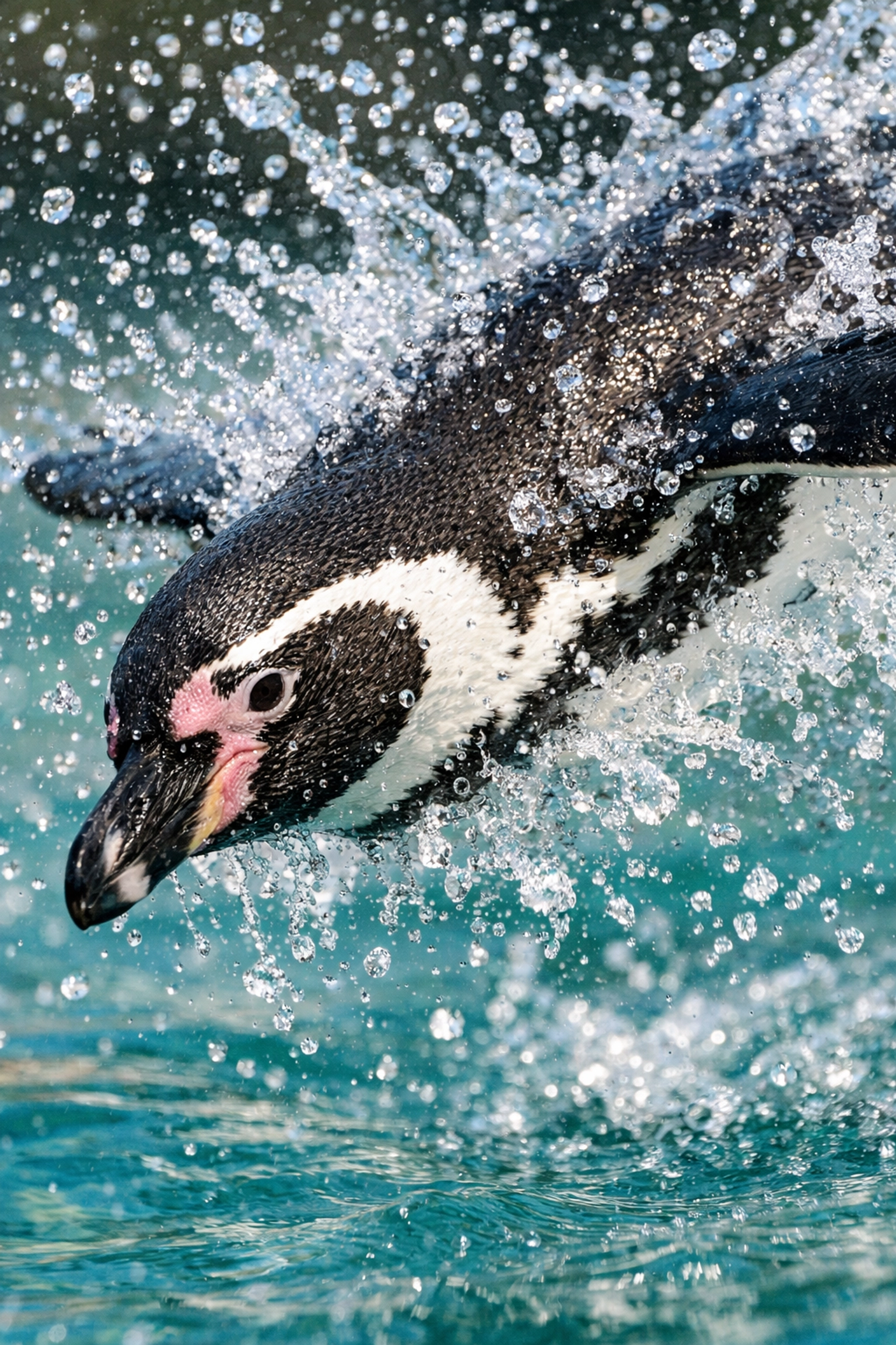 Action photography of a penguin diving into water using a fast shutter speed to freeze motion.