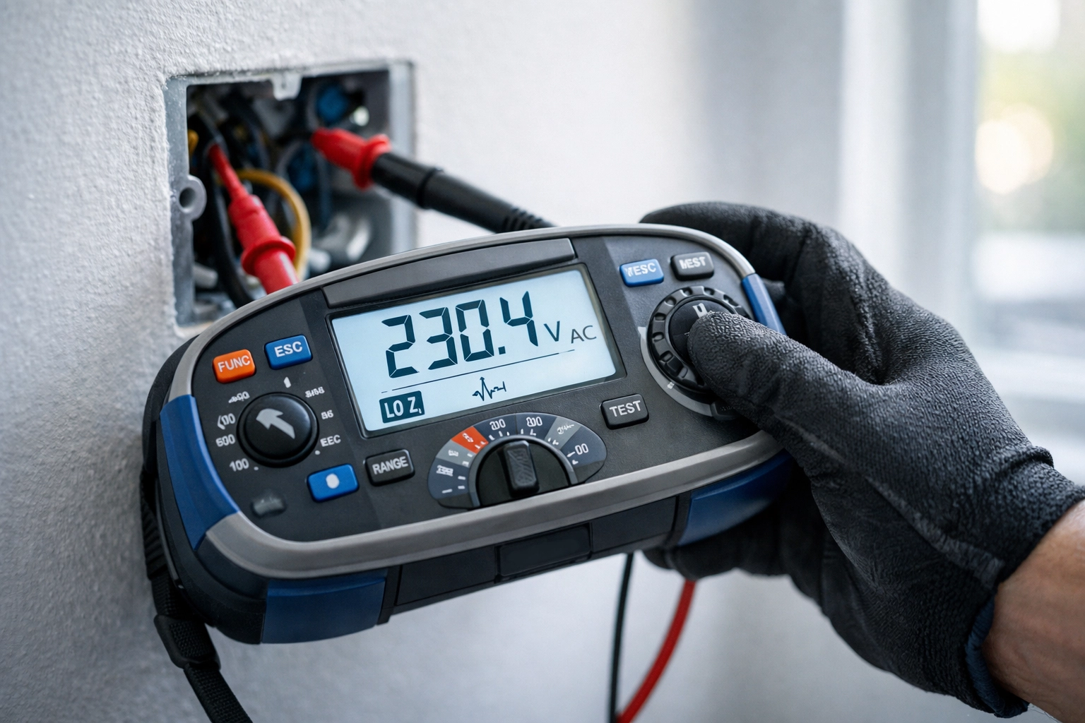 Qualified electrician in Dorset using a digital tester for an electrical safety inspection report.