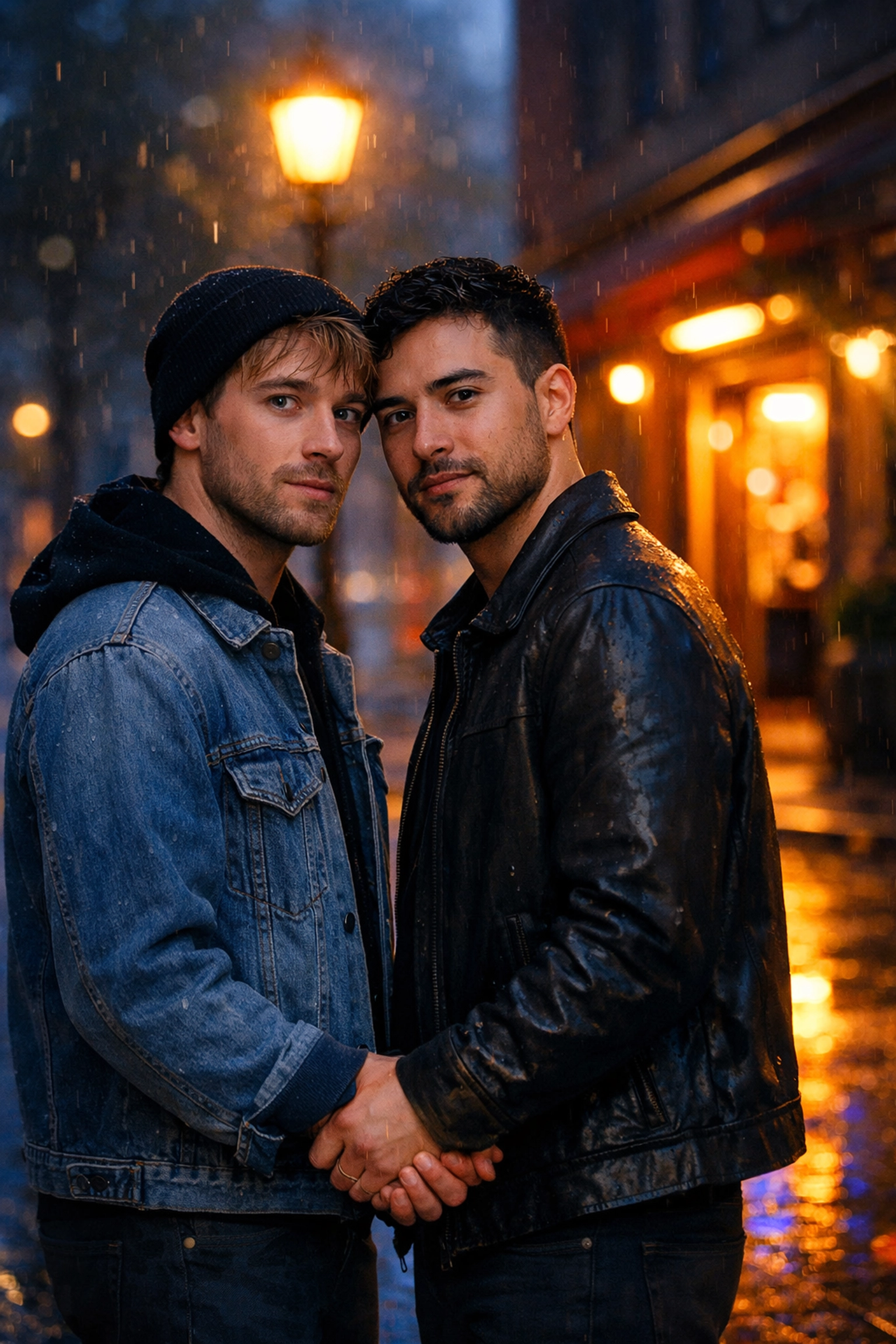Two queer men holding hands on a rainy street at dusk, representing queer healing and hope.