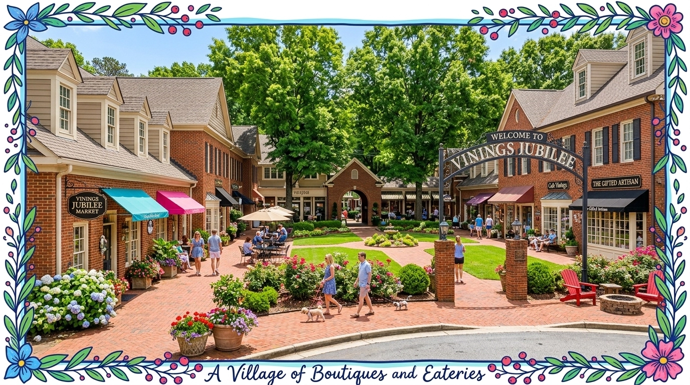 The charming boutiques and brick walkways of Vinings Jubilee, framed with colorful hand-drawn accents.