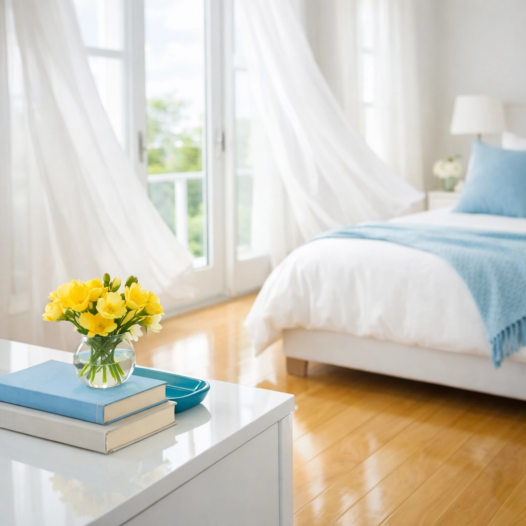 Clean bedroom with fresh air quality after pet hair and dander removal by Worcester cleaners.