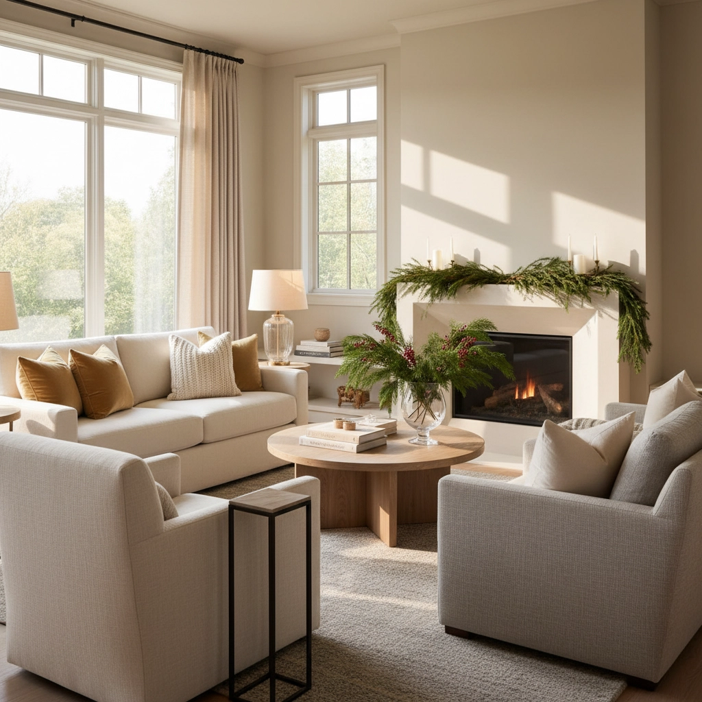 Cozy staged New Jersey living room for sale during holidays