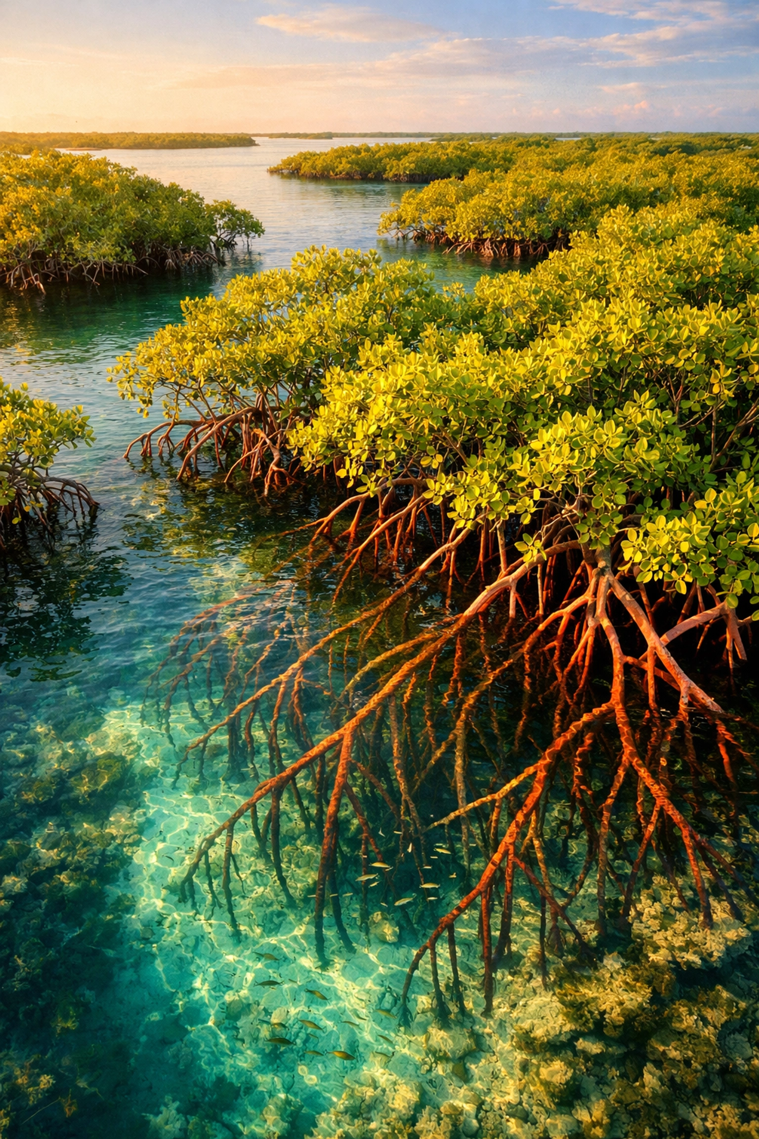 Florida Keys mangrove forest showing root systems and fish habitat from aerial view
