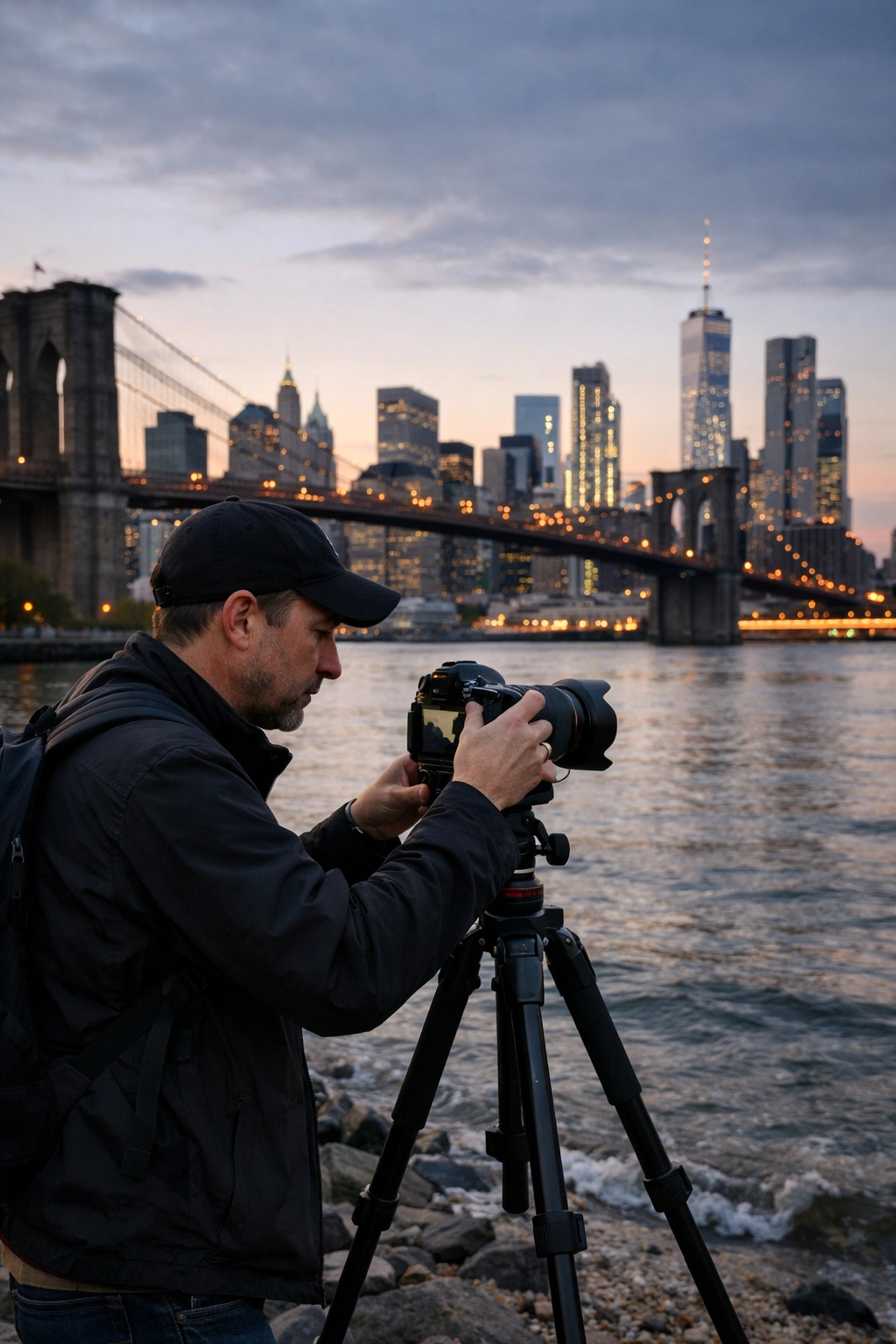 A pro photographer capturing the Manhattan skyline and Brooklyn Bridge from DUMBO at sunset.