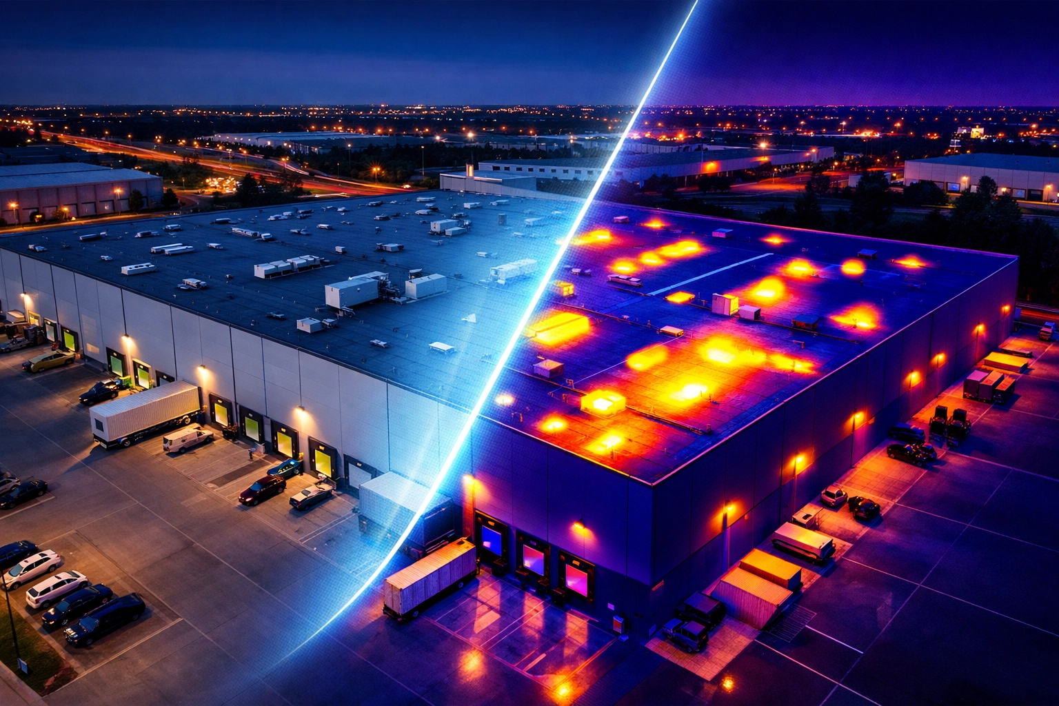 Precision aerial thermal inspection showing heat anomalies on a commercial rooftop for professional facility maintenance.