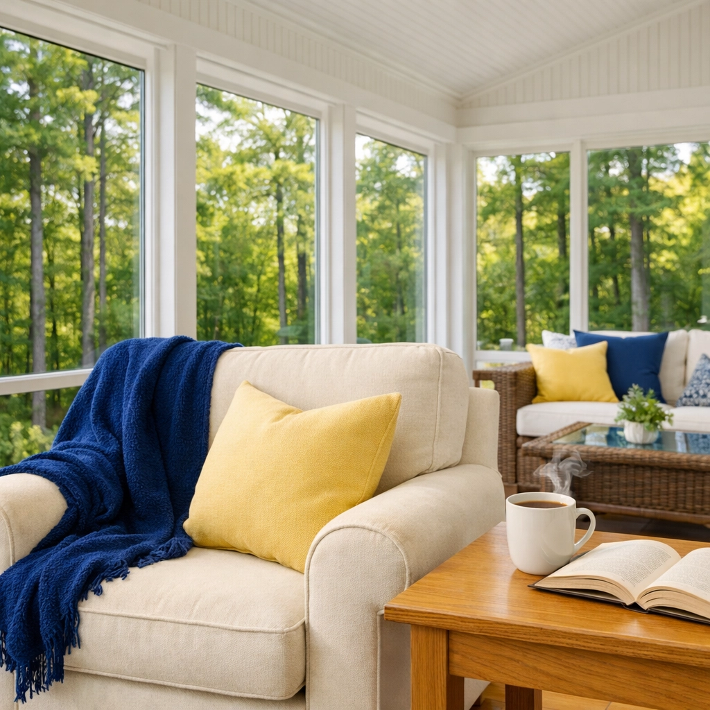 A serene and clean luxury sunroom in a Lincoln estate overlooking a lush forest.
