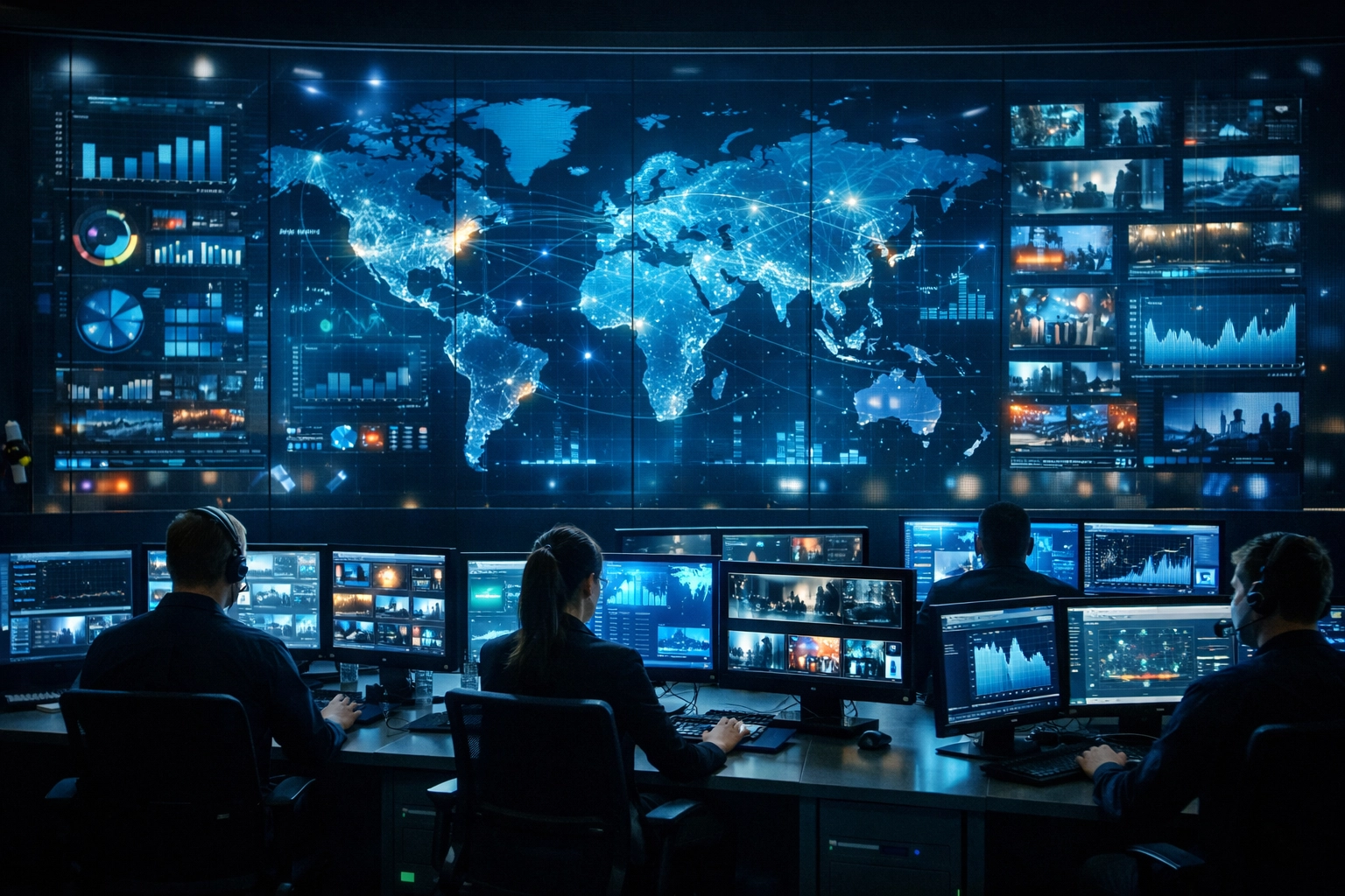 Analysts in a modern data operations center managing real-time analytics for a global media ecosystem.