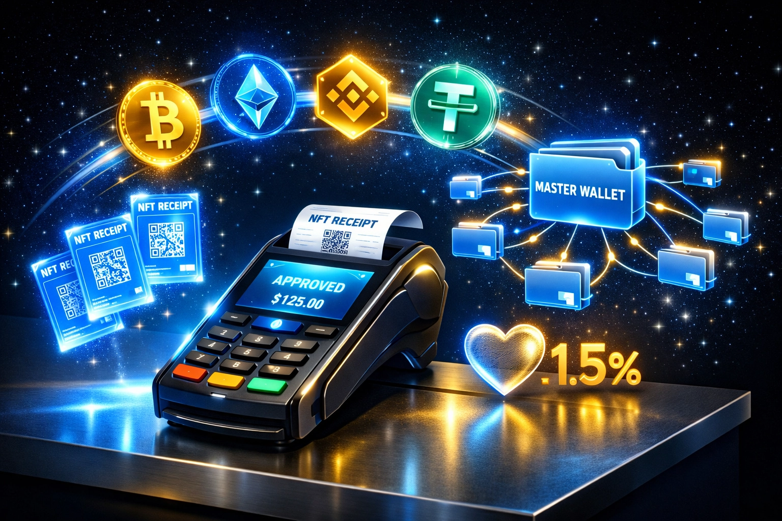 Larecoin merchant payment terminal with NFT receipts, master wallet system, and 1.5% charity integration