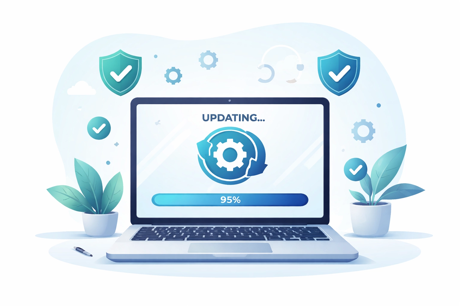 Laptop automatically installing software updates with security icons, illustrating pro-active computer repair tips for Petoskey businesses